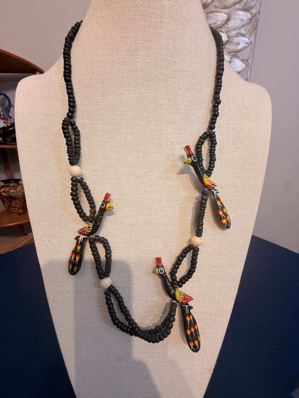 Vintage 28” Painted Wood Bird Beaded Statement Necklace